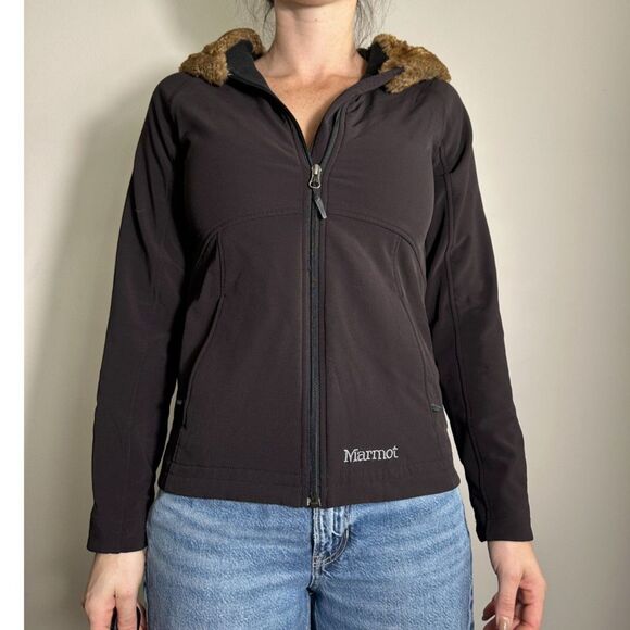 Marmot Black Zip-Up Soft Shell Jacket Faux Fur Hood Size Small - Picture 1 of 8